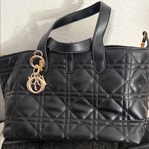 Black Quilted Leather Tote Handbag with Gold Charm